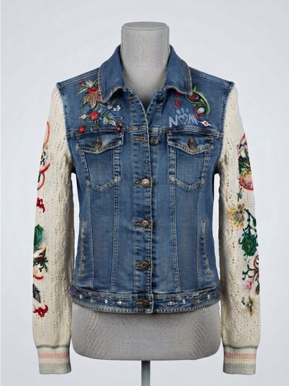 Desigual Blue Denim Jacket with Cream Embroidered Knit Sleeves